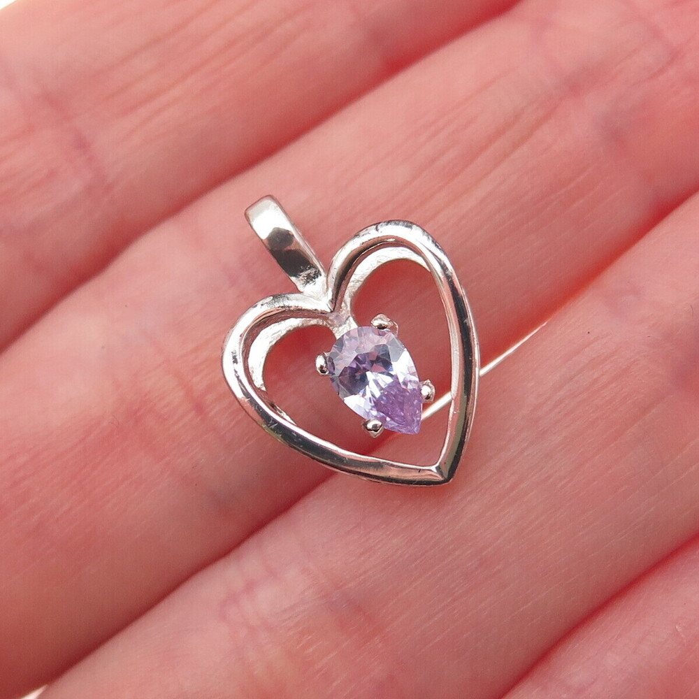 925 Sterling Silver Vintage Pear-Cut Purple C Z Heart Mini Charm Pendant